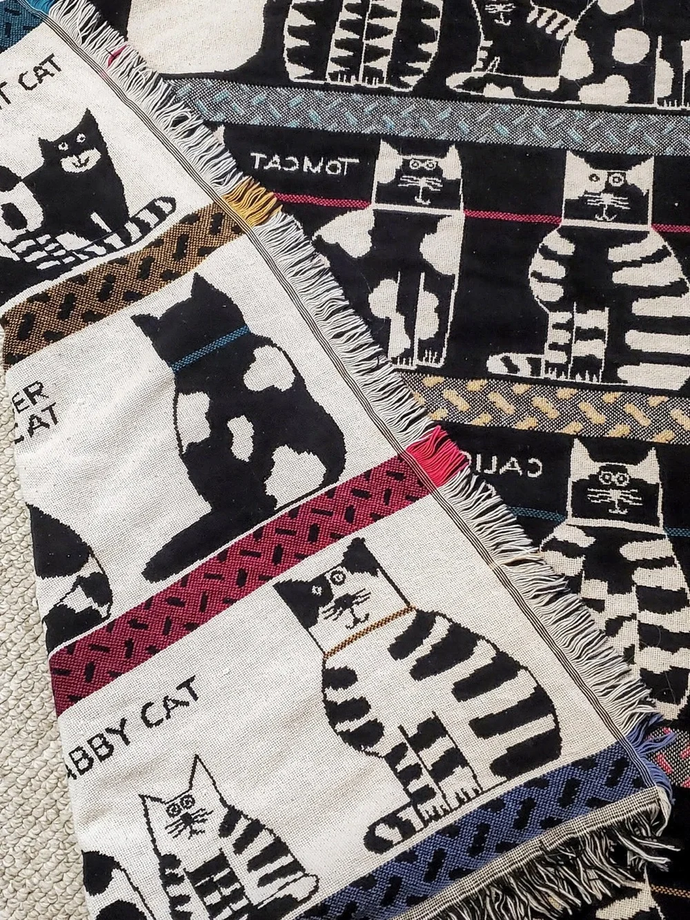 Vintage 1980s Pat Meyers Cat Throw Blanket Woven Cotton
